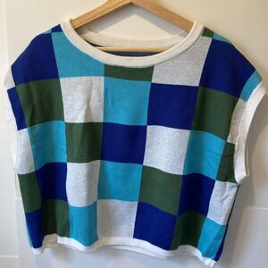Cap Sleeve Knit Top Cropped Women's Sweater Size M Checked